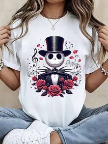 Disney Jack Skellington  T Shirt Black Halloween Rose Print For Women And Men Casual Wear Party Costume Outfit - White - View 2