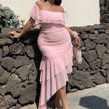 xuehuamaoyi02  Vestido de fiesta, boda, vacaciones, talla grande con hombros descubiertos, volantes en el bajo, asimétrico, de malla fluida, vintage, lindo, color rosa - Amarillo - Ver 6