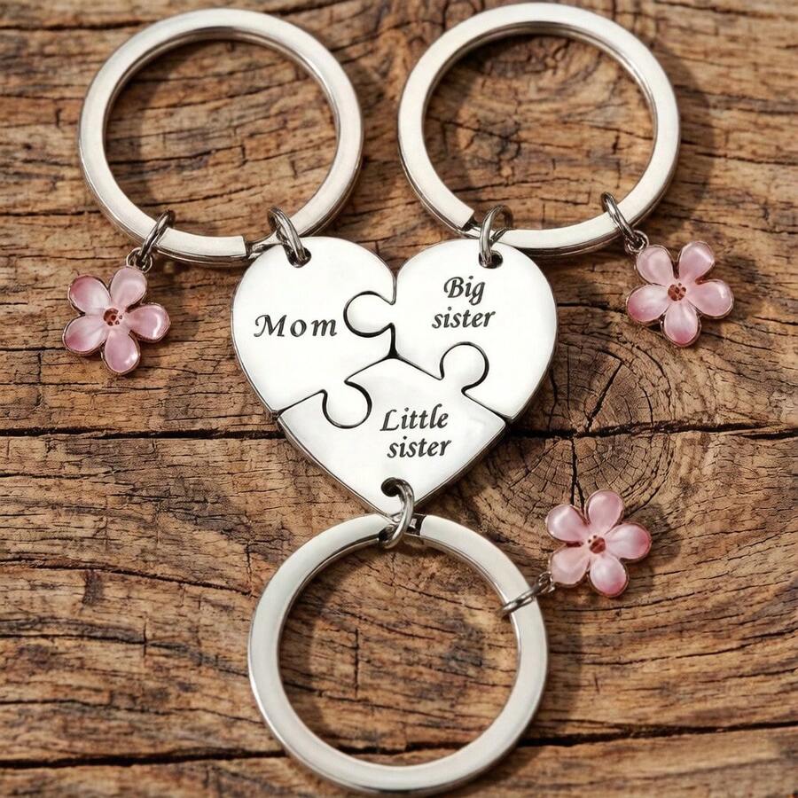 3pcs Daughter & Mom Keychain Set, Heart-Shaped Sister & Mom Family Keychain Key Ring Gift - Baby Pink - View 1