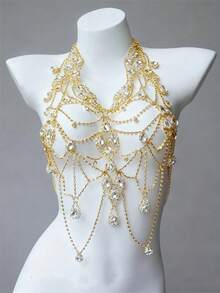 1 pieza Top de cadena de pecho con gota de agua de strass sexy, accesorio de cadena corporal para fiesta de discoteca - Dorado - Ver 4