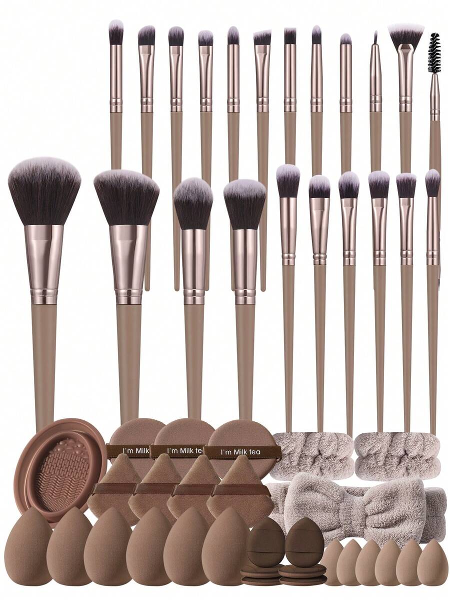 3/6/51PCS Professional Makeup Brush Set With Beauty Tools, Synthetic Brushes, Makeup Sponges, Powder Puffs, Headband & Cleaning Tool For Daily Makeup - Brown - View 1