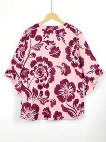 Plus Size Women Floral Print Ruffle V-Neck Blouse Pink Vacation - Pink - View 4
