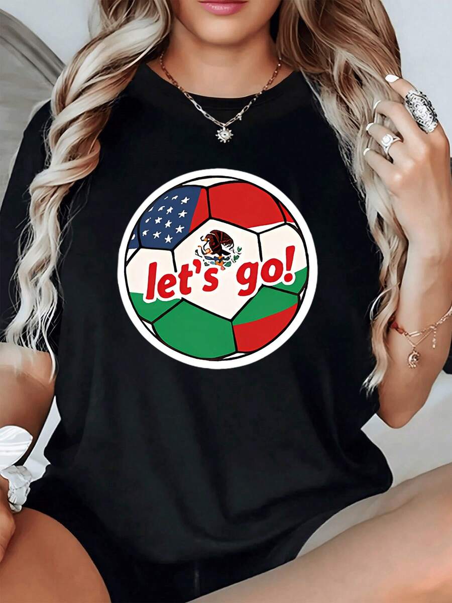 Fashionable Ball With A Positive "Let's Go" Message That Unites The Colors Of Mexico And The United States, Symbolizing Energy, Friendship, And Sporting Passion. Comfortable Casual Women's T-Shirt For Everyday Wear. New Summer Women's T-Shirt, Casual And Comfortable Crew Neck Top - 黑色 - 查看 1
