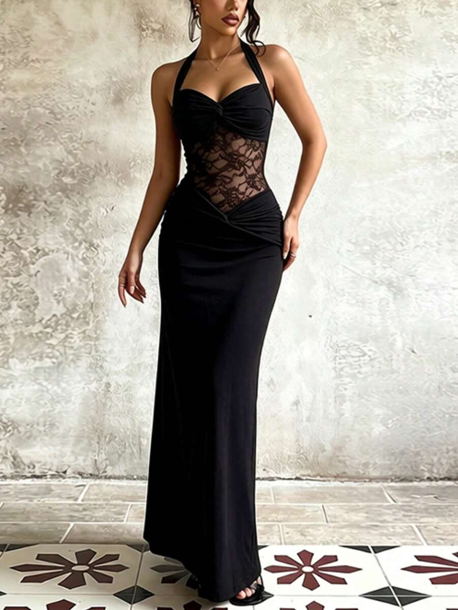 Onicee Women's Summer Black Dress, Casual Vacation Sexy Halter Neck Lace Evening Dress, Suitable For Valentine's Day, Carnival, Easter, Dating, Gathering, Ball, Party, Travel, Vacation, Beach And Other Occasions