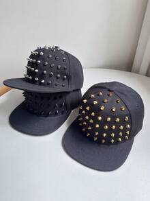 1pc New Rivet Design Flat Brim Baseball Cap, Fashion Versatile Hip-Hop Hat, Solid Color Party Polyester (Polyester) - Multicolor - View 4