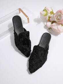 Mocassins mules plats demi-Glissant à bout pointu pour femmes, grande taille 36-43, coupe large, mode printemps/automne, faciles à enfiler, semelle souple, confortables et polyvalents, noirs avec fleur en dentelle - fleurs en dentelle noire - Voir 5