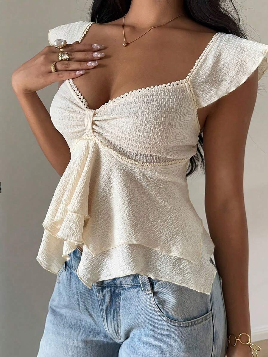 Blusa ajustada de color liso con cuello en V y volantes - Albaricoque - Ver 1