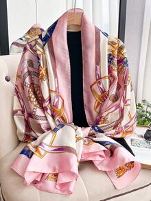 1PC Faux Silk Elegant Belt Chain Pattern Printed Scarf For Women, Long Beach Wrap For Vacation, Sun Protection Beach Shawl, Fashionable Versatile Scarf Shawl Suitable For Daily Matching And Decorative Use - Pink - View 2