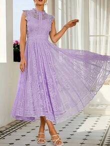Women's Wedding Guest Dress, New And Elegant Fan-Shaped Lace Flared Dress, Retro Sleeveless Lace Dress, Suitable For Wedding Bridesmaid Dress, Evening Party, Casual Romantic Dates - 灰綠 - 查看 4