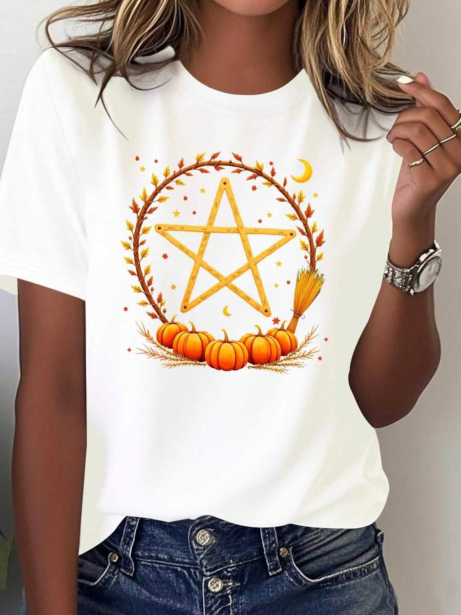 1 Women's T-Shirt With Pure Witchcraft Design - Mysterious Pentagram Symbol, Black And Gold Pentagram, Leaf Design Inspired By Witch Hats, Casual Pagan Clothing For All Seasons, Suitable For Wicca And Witchcraft Enthusiasts. Printed T-Shirt - 白色 - 查看 1
