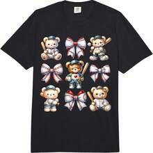 Coquette Teddy Bear Soft Aesthetic Bow Baseball Girl Wo  Adult Heavyweight T-Shirt - Negro - Ver 1