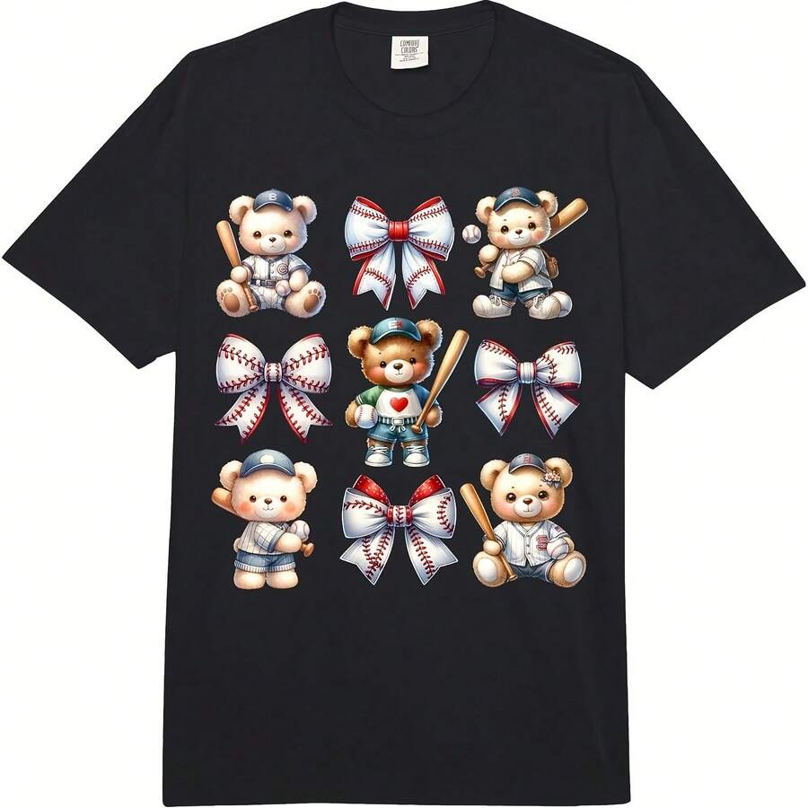 Coquette Teddy Bear Soft Aesthetic Bow Baseball Girl Wo Adult Heavyweight T-Shirt - Negro - Ver 1