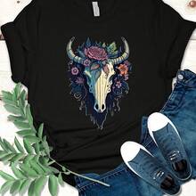 Cow Skull Shirt, Cow Skull hirt, Boho Cow Skull T Shirt, Bull Skull Shirt, Western Shirt, Howdhirowgirl Shirt Rodeo Shirow Tee - Negro - Ver 1