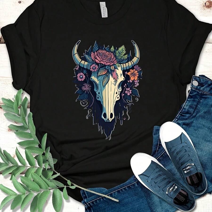 Cow Skull Shirt, Cow Skull hirt, Boho Cow Skull T Shirt, Bull Skull Shirt, Western Shirt, Howdhirowgirl Shirt Rodeo Shirow Tee - Negro - Ver 1