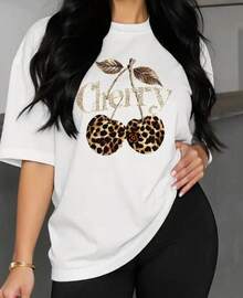 Camiseta Casual de Manga Corta para Mujer Semetransparente, Tela ligera  Estampado de Leopardo y Cerezas, Negra con Detalles Dorados Brillantes, - Blanco - Ver 3
