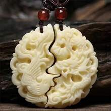 2Pcs/Set Dragon & Phoenix Carved Couple Pendant Necklace, Vintage Style, For Men And Women, Gift For Lovers - White - View 1