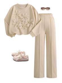 Lurzo 2pcs Girls Ditsy Floral Crew Neck Long Sleeve Sweatshirt And Loose Casual Pants Set - An Ideal Choice For Everyday Wear In Spring, Autumn And Winter - Apricot - View 3