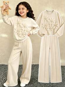 Lurzo 2pcs Girls Ditsy Floral Crew Neck Long Sleeve Sweatshirt And Loose Casual Pants Set - An Ideal Choice For Everyday Wear In Spring, Autumn And Winter - Apricot - View 1