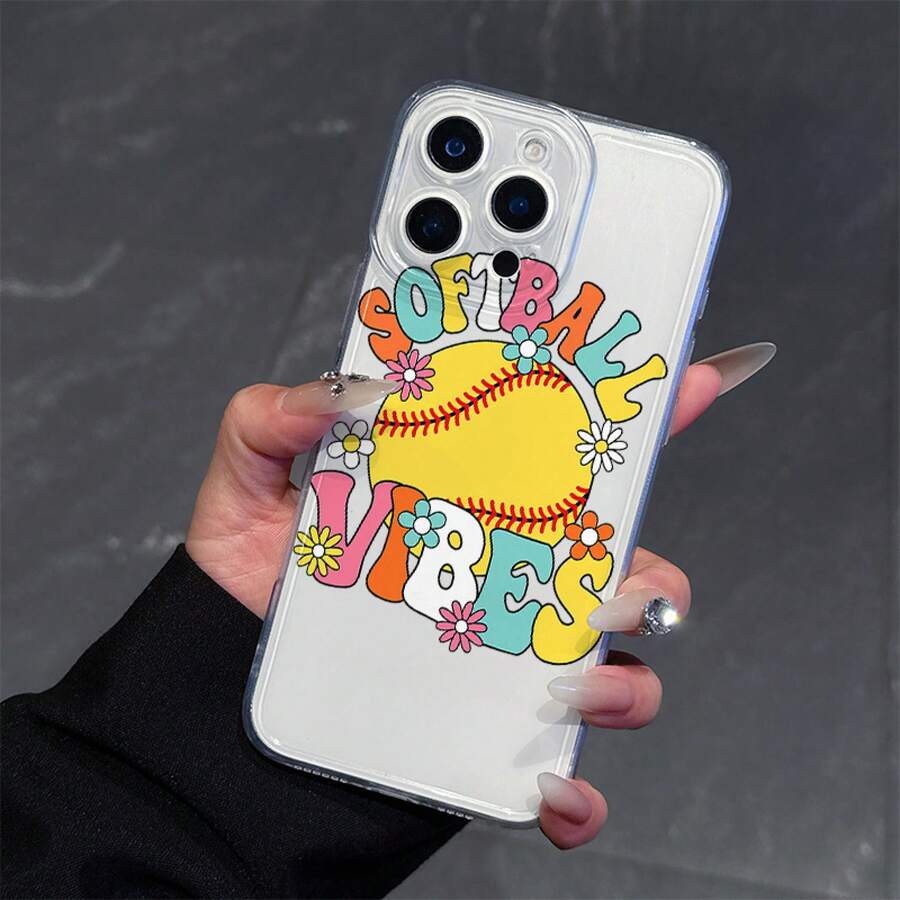 Funda para teléfono: Una funda transparente, a prueba de caídas, con impresión UV de alta definición que presenta "SOFTBALL VIBES" en texto colorido y un diseño de pelota de softbol amarilla, realzada con flores multicoloridas. Compatible con iPhone 17/16e/16/15/14/13/12/11 Pro/Pro - transparente - Ver 1