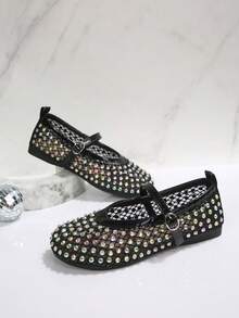 Sepatu Jala Berhiaskan Berlian Imitasi Hitam Ukuran Besar untuk Wanita, Sepatu Mary Jane Jala Bernapas Modis dengan Berlian Imitasi Warna-warni untuk Musim Panas, Sepatu Slip-On Nyaman dan Serbaguna untuk Kaki Lebar, Gaya Peri untuk Rok dan Klub Malam - Hitam - View 7