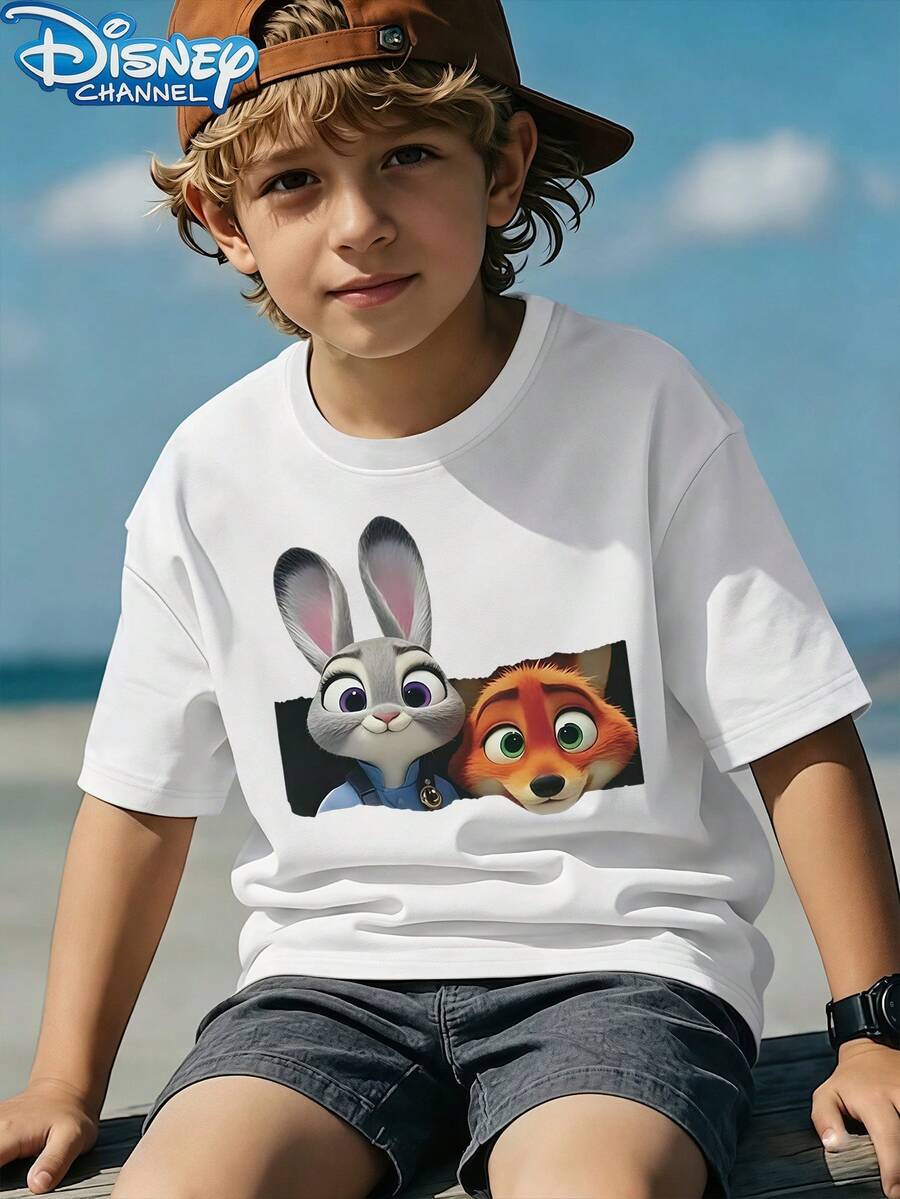 Disney 1 Piece Boys Casual Zootopia Judy And Nick Peeking Graphic Short Sleeve T Shirt Teen Boy Clothes Boys Clothes Shirts Baby Tee For Daily Summer - White - View 1