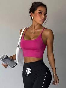 Women's Solid Color Wireless Criss-Cross Strap Fashionable Knit Sports Bra Spring - Hot Pink - View 4