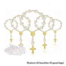30/60/90pcs/Set Rose Rosary Bracelet, Acrylic 3D Rose Bead Bracelet, Beaded Small Bracelet With Organza Bag, Suitable For Baptism Gifts, First Communion Gifts, Party Favors, Wedding And Other Celebrations 30 To 90pcs - Golden - View 14