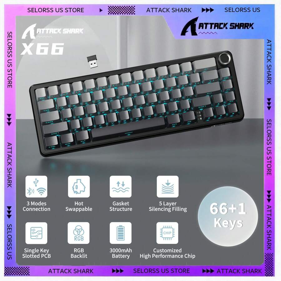 ATTACK SHARK X66 Wireless Mechanical Gaming Keyboard With Knob,Tri Mode USB-C/BT5.0/2.4G Gasket Mounted 60% RGB Gaming Keyboard, Side Printed PBT Keycap,Hot Swappable Strawberry Switch - Cheese White/ Star Black/ Moonlight/ BlackBerry - View 1