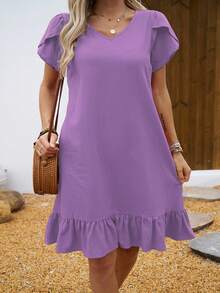 Vestido de Mujer con Cuello en V, Mangas de Concha y Volantes - Negro mate - Ver 3