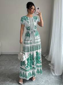 Vestido de Moda Oriental con Estampado Floral y Cinturón Ajustable para Mujer, Escote Redondo - Negro mate - Ver 1