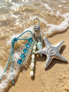 Coastal Denim Girl Starfish Bag Charm - Silver Starfish & Blue Bead Keychain, Ocean Theme Handbag Pendant, Summer Y2K Independent Nautical Accessory For Women, Silver Spiral Starfish Bag Charm, Blue Crystal & Fish-Shaped Bead Handbag Pendant, Bohemian Style Backpack Charm, Suitable For Vacation & Daily Use, Travel, Holiday, Teacher's Day, Birthday And Back To School Gifts - Multicolor - View 5