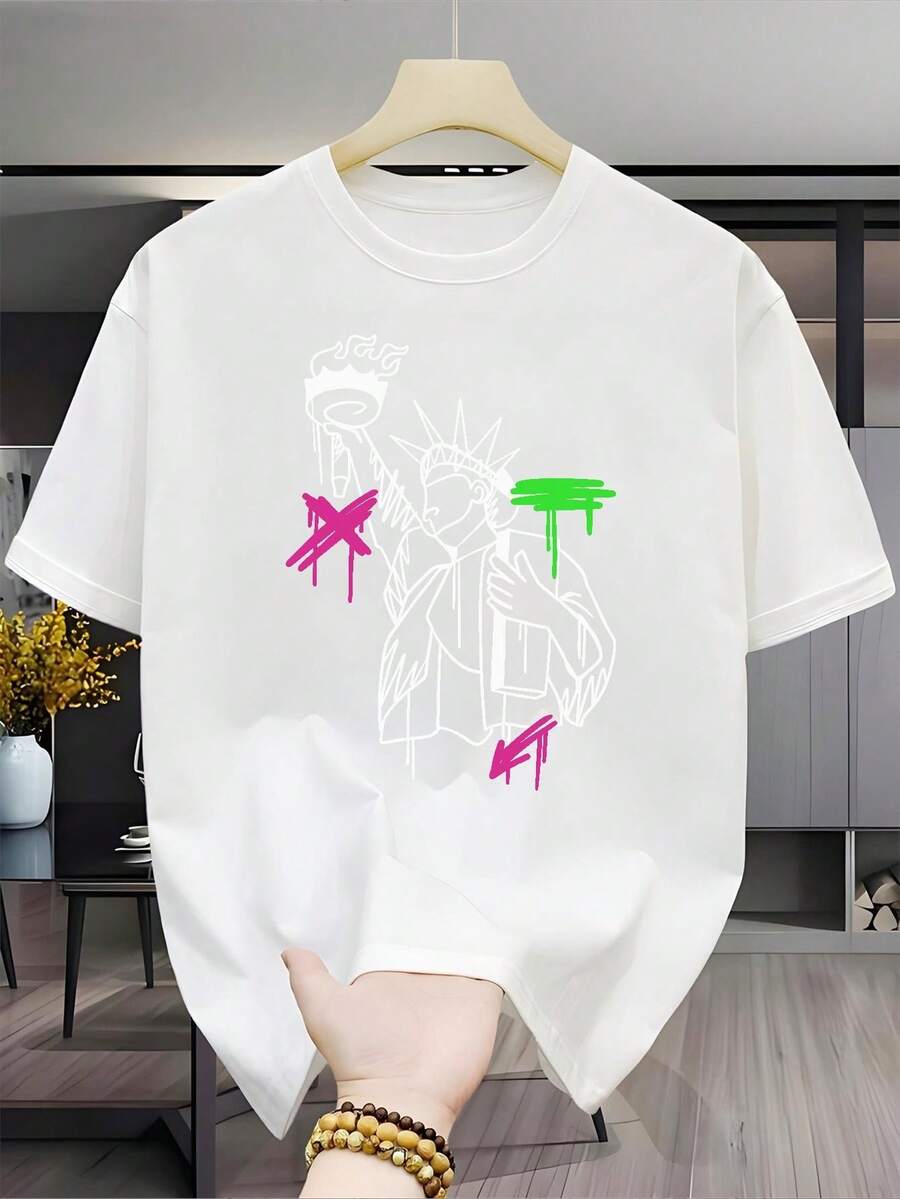 New Versatile And Stylish Casual Short-Sleeved T-Shirt, 100% Cotton, Printed - Black Base For Men With A Statue Of Liberty Graffiti Design, Unisex (For Men And Women), Comfortable Material, Short-Sleeved Top, Suitable For All Seasons. Perfect Gift For Holidays Or Birthdays - Unisex Design. - 白色 - 查看 1