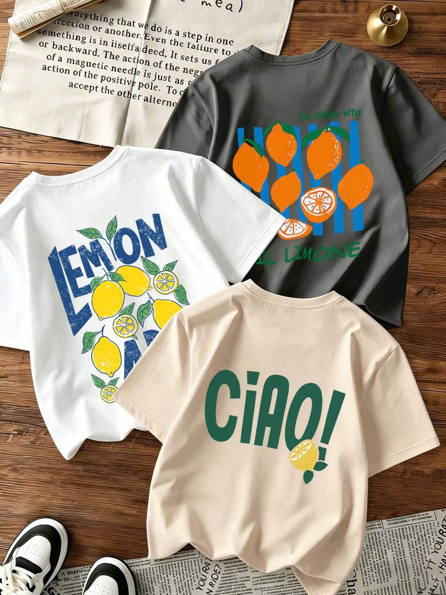 3pcs- Young Boy Popular Pattern Print Crew Neck Short Sleeve T-Shirt, Summer Top - White - View 1