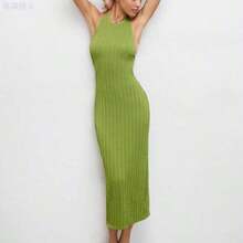 yonghongmaoyi1 Maija Vestido midi elegante para fiesta de mujer con diseño de espalda descubierta, corte en la cintura y cuello halter de unicolor - verde aguacate - Ver 1