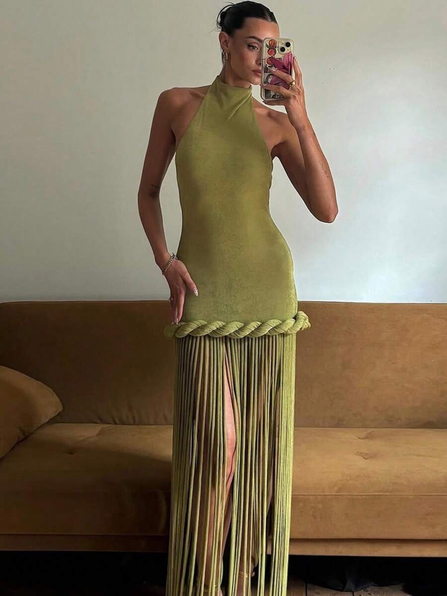 Vestido Corto Halter Azul Turquesa con Flecos Largos, para Fiestas y Salidas Nocturnas - Verde - Ver 1