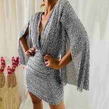 Vestido de lentejuelas con cuello en V, estilo europeo y americano, novedad de otoño 2026, vestido corto ajustado irregular, vestido de fiesta. - Albaricoque - Ver 9