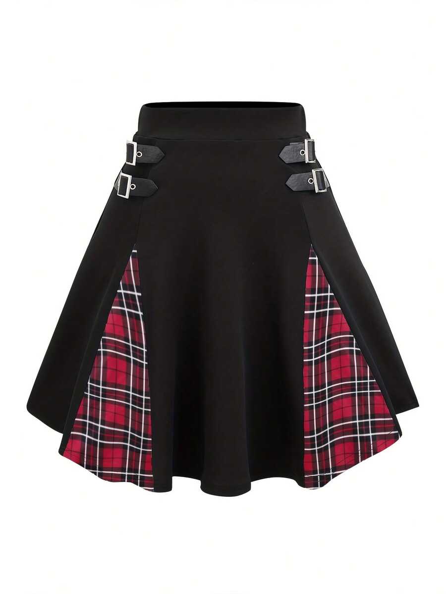 Talla Grande - Talla Grande - Falda Mini A-Line de Talle Alto con Botones y Diseño de Cuadros Gótico - Cuadros Negros + Rojos - Ver 1