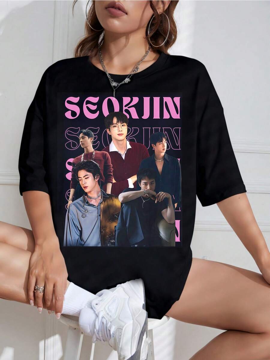 Seokjin T-Shirt, Jin 2026 New Arrival T-Shirt, Unisex Seokjin Plus Size T-Shirt, Vintage 90s K-Pop Bootleg T-Shirt, ARMY Fan Merchandise, Casual Grunge Aesthetic Top, New Arrival 2026 Brandon Sklenar - 黑色 - 查看 1
