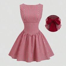 guangzhougaolangshangmao  Vestido casual de mujer con cuello barco, sin mangas, con estampado de cuadros, espalda descubierta, contraste de color, lazo en la cintura y silueta evasé, para primavera/verano - Blanco y Negro - Ver 4