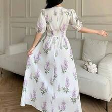 Nuevo vestido de vacaciones con cuello en V, cintura fruncida, estampado floral diminuto y mangas abullonadas, elegante y estilizador . - Multicolor - Ver 8