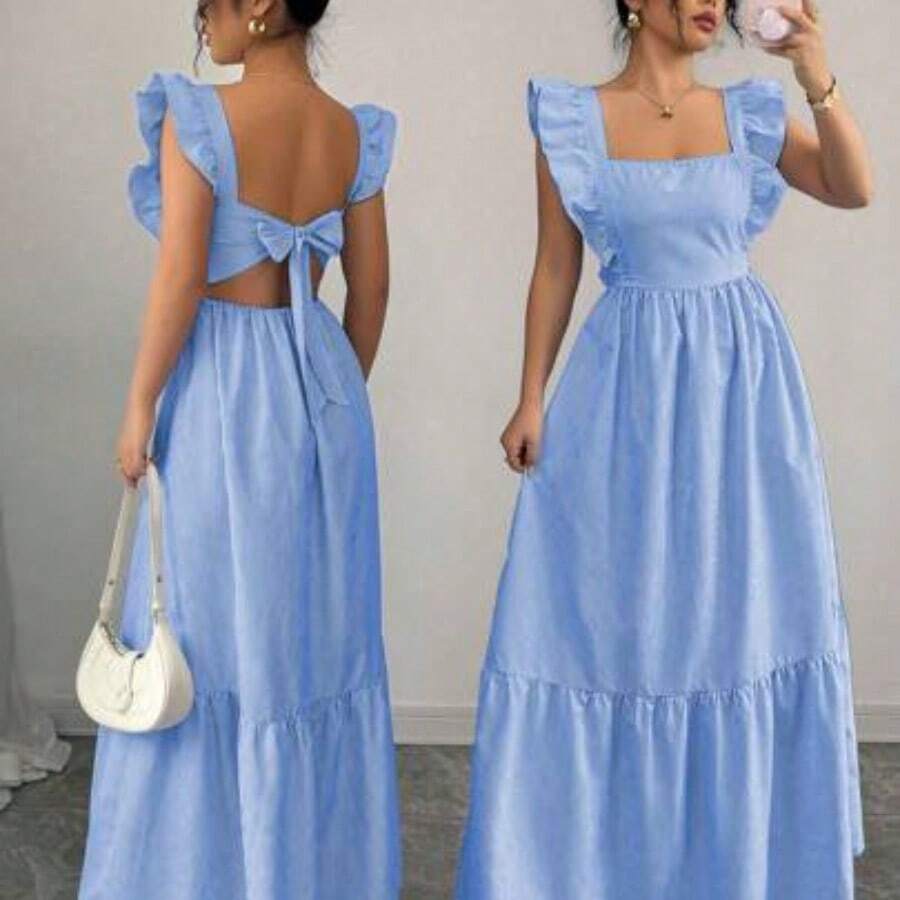 Vestido casual de mujer con cuello cuadrado, estampado de rayas y dobladillo con volantes DG - Energía azul - Ver 1