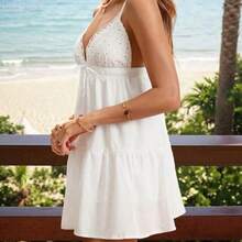 Yunuo Menswear  Vestido de tirantes con cuello en V, parches de encaje y bordado, unicolor, versátil para uso diario y vacaciones, para primavera/verano - Rosa Oxidada - Ver 5