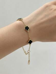 1pc Black Oil Drip Luxury Elegant 5-Petal Flower Bracelet, Suitable For Women's Daily Wear - Oil-dripping Minimalist 5-leaf Clover - View 8
