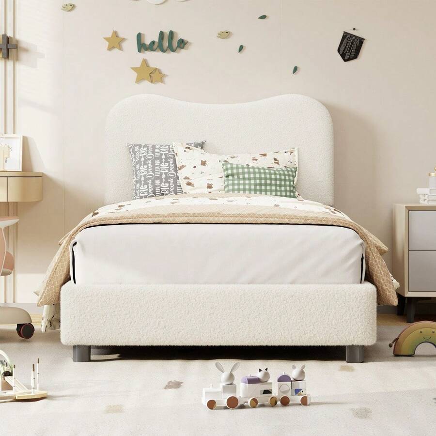 Cama plataforma baja tapizada para dormitorio – Cabecera suave de terciopelo o bouclé, esquinas redondeadas, estructura robusta, lamas de madera, fácil montaje, sin box spring - Beige doble - Ver 1