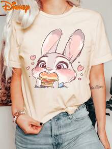 Disney Zootopia Judy Hopps Burger Lover Graphic Tee, 100% Cotton Crew Neck Short Sleeve T-Shirt For Women, Cute Food Casual Top - 杏色 - 查看 1