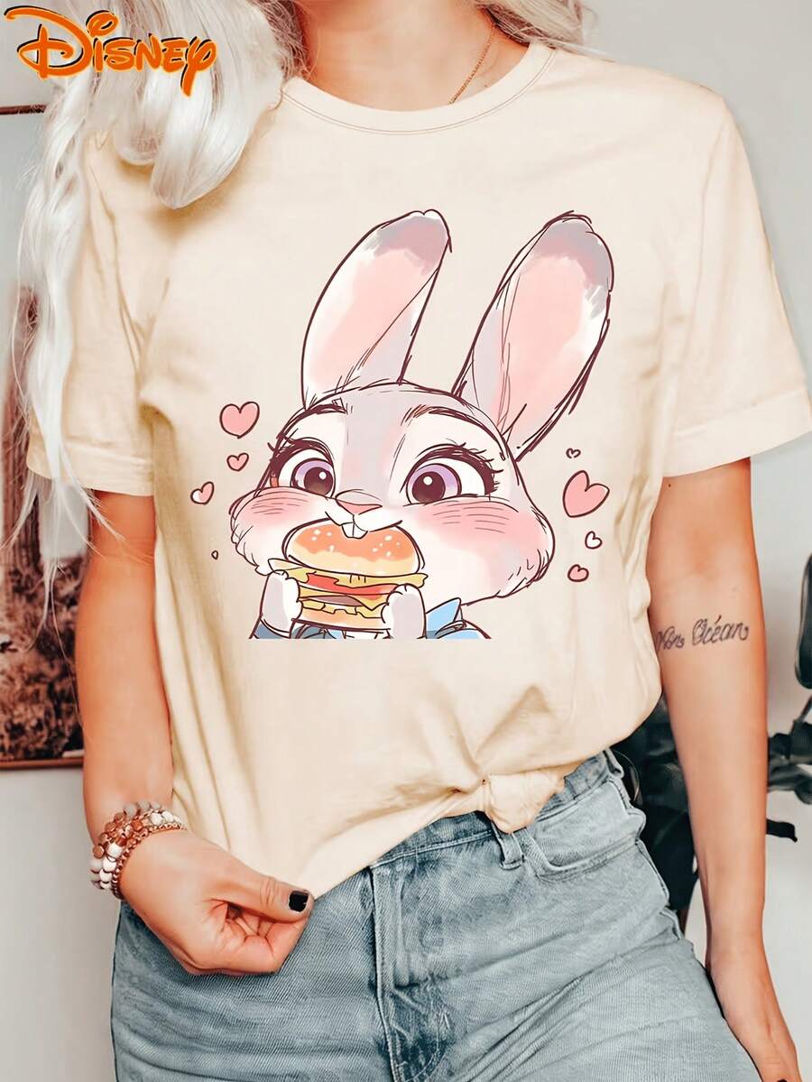 Disney Zootopia Judy Hopps Burger Lover Graphic Tee, 100% Cotton Crew Neck Short Sleeve T-Shirt For Women, Cute Food Casual Top - 杏色 - 查看 1