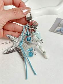 Coastal Denim Girl Starfish Bag Charm - Silver Starfish & Blue Bead Keychain, Ocean Theme Handbag Pendant, Summer Y2K Independent Nautical Accessory For Women, Silver Spiral Starfish Bag Charm, Blue Crystal & Fish-Shaped Bead Handbag Pendant, Bohemian Style Backpack Charm, Suitable For Vacation & Daily Use, Travel, Holiday, Teacher's Day, Birthday And Back To School Gifts - Multicolor - View 4