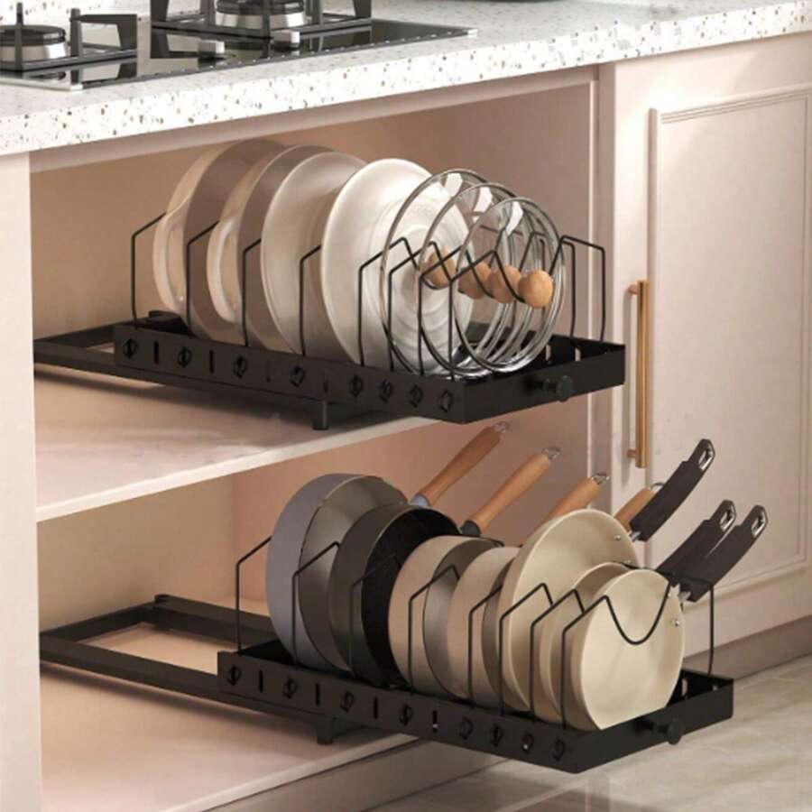 2pcs/1pc Pull-Out Kitchen Storage Rack, Flat Bottom Pan Storage Rack, Under Cabinet Kitchen Storage Tool, Cabinet Organizer, Pot Lid Rack With 8 Adjustable Compartments And Sliding Rails, Kitchen Sliding Pot Lid Panel Rack And Flat Bottom Pan Organizer/Cabinet Sliding Storage Rack Kitchen Supplies. Used For Storing Pots, Pot Lids, Bowls, Plates, Baking Tools On Kitchen Countertop Home Kitchen Utensils