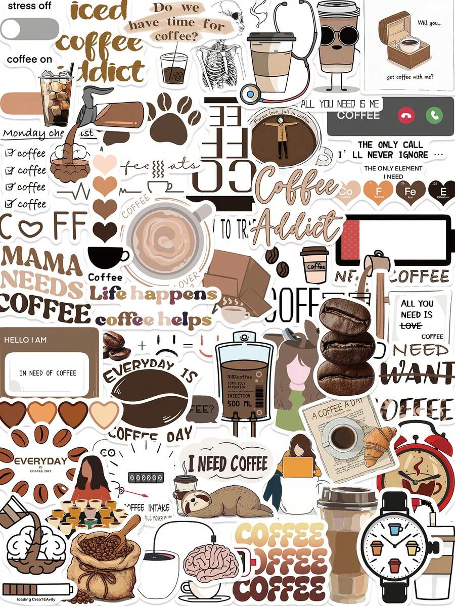 50pcs Coffee Lover Stickers, Humorous Coffee Quotes Stickers, Easy To Apply And Remove, PVC Waterproof Self-Adhesive Stickers, Suitable For Journals, Scrapbooks, Laptops, Water Bottles & Coffee Enthusiasts - 1 Set - View 1