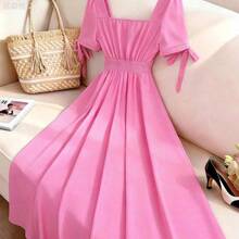 xuehuamaoyi02 Qadelle Vestido rosa de línea A con cintura ceñida, decoración de puño con botón de perla, manga con lazo, encantador, elegante, dulce y lindo, adecuado para uso diario, vacaciones, viajes, citas, estilo de calle francés, versátil y retro, vestido corto de manga corta de primavera/verano en color rosa - Rosa Pálido - Ver 3